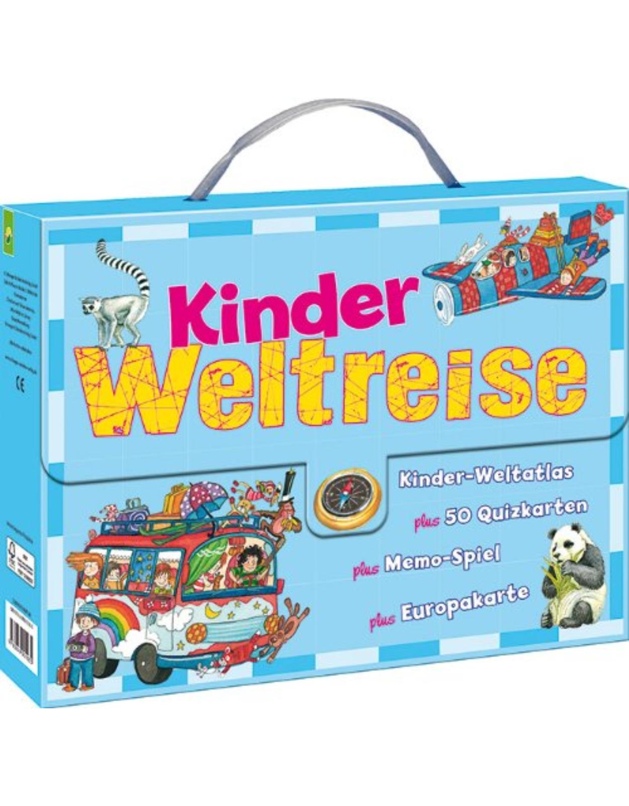 Kinder-Weltreise-Koffer: Kinderweltatlas - 50 Quizkarten - Memo-Spiel - Europakarte