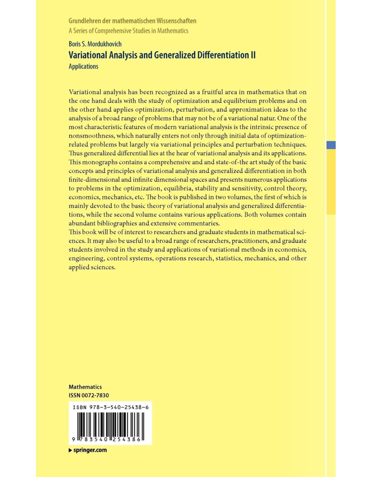 Variational Analysis and Generalized Differentiation II: Applications (Grundlehren der mathematischen Wissenschaften) (v. 2)